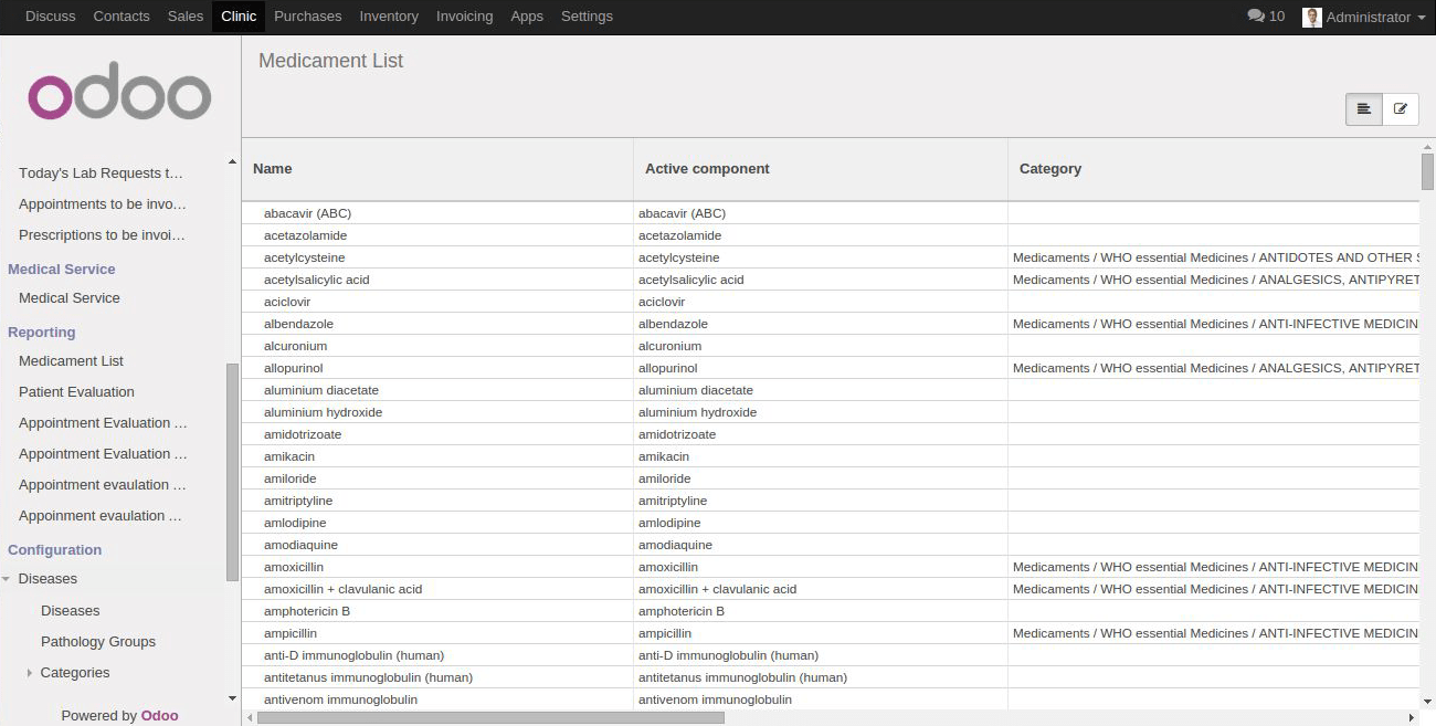screenshot of odoo clinic management software